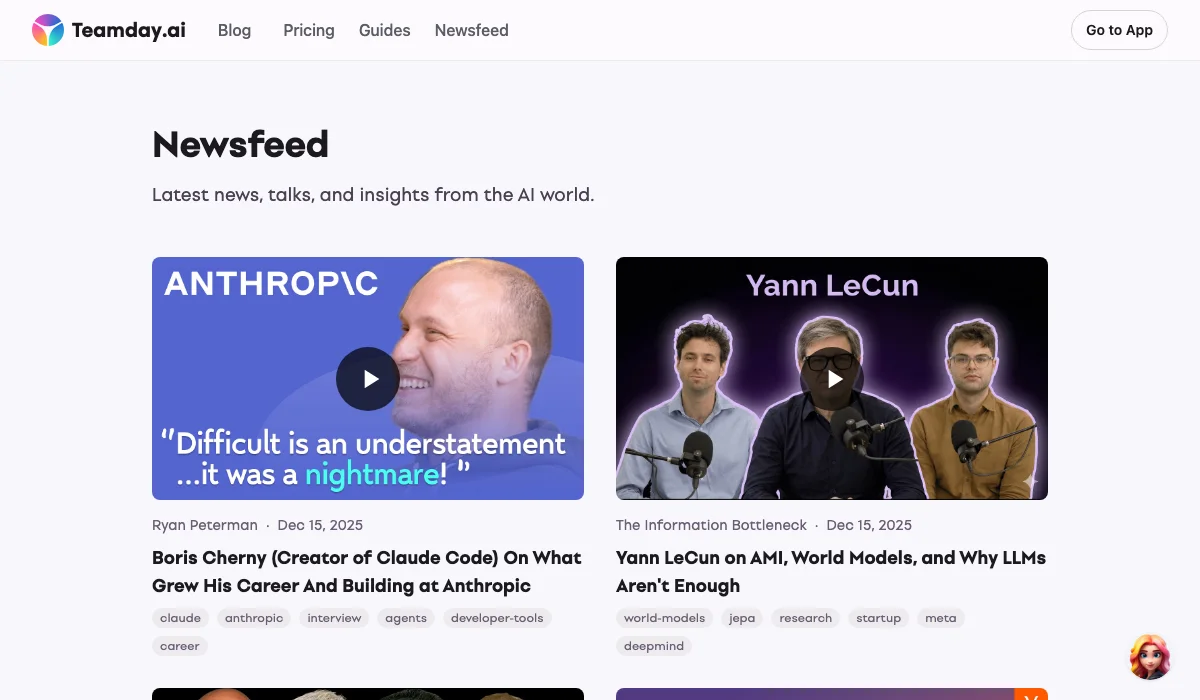The AI Newsfeed showing curated content with thumbnails, source attribution, and tags