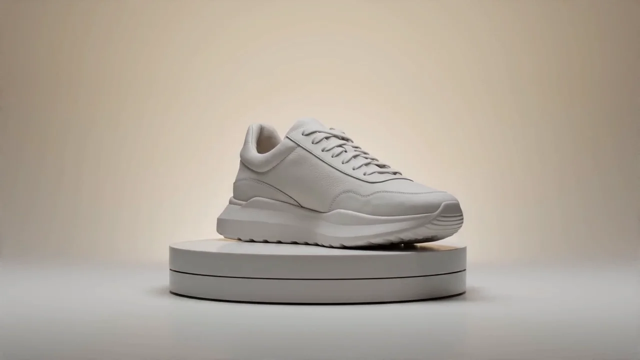 A sneaker on a minimalist studio pedestal