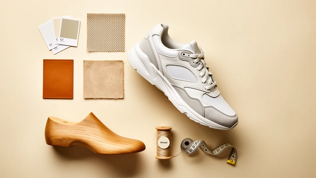 Flat-lay of a sneaker with fabric swatches, color chips, a wooden last, thread, and a tape measure — craft references at scale