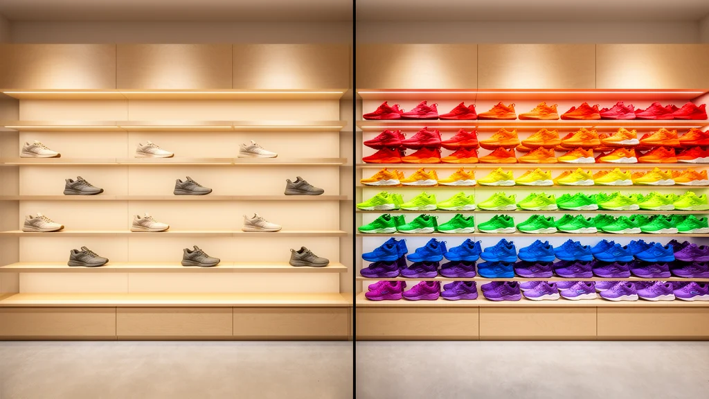 Two retail walls side by side — left sparsely stocked with a few muted sneakers, right fully stocked with a rainbow of color-coordinated pairs — visualising long-tail catalog coverage
