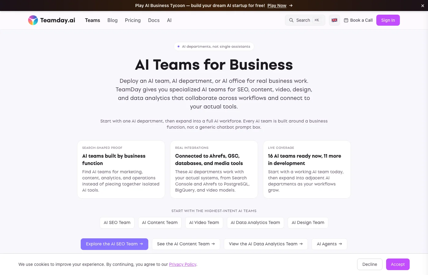 TeamDay AI Agents dashboard — SEO, Content, Social Media, Analytics