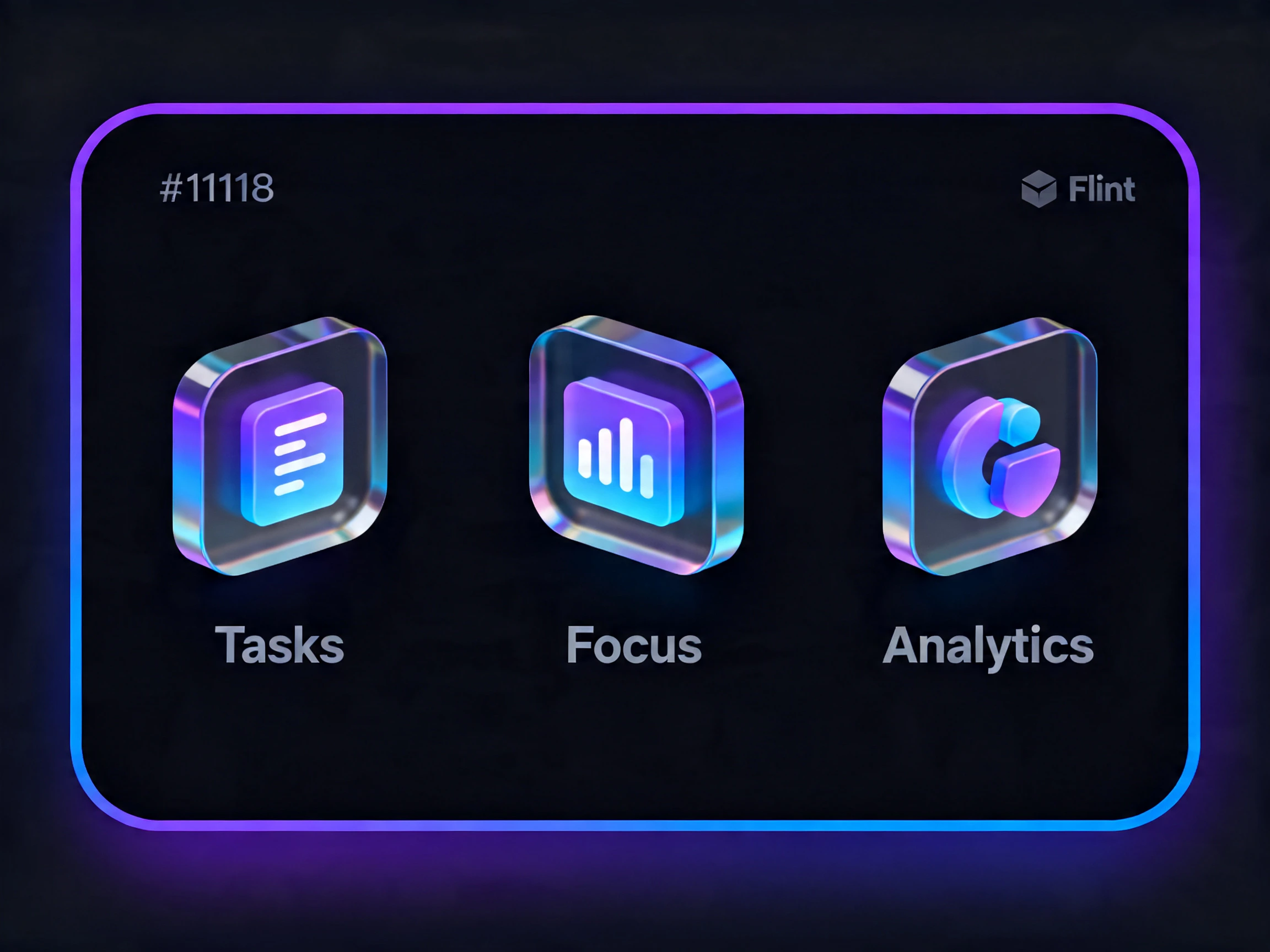 Flint feature card — glassy isometric icons on dark card with neon border