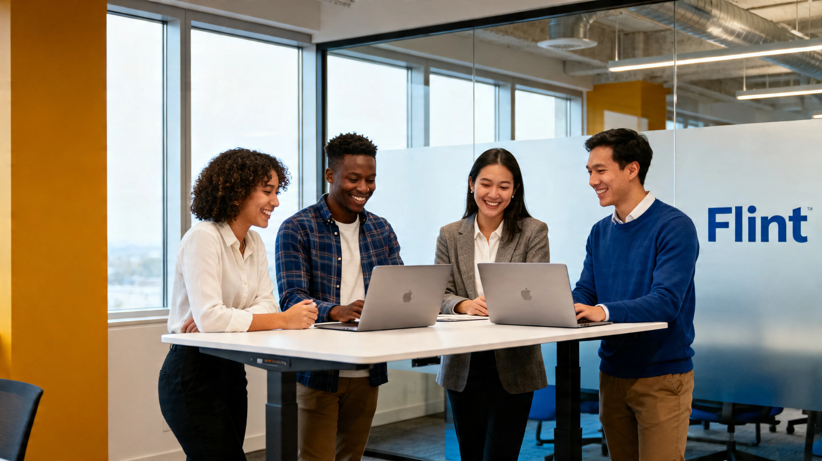 Flint team portrait — four professionals in modern office with soft north light